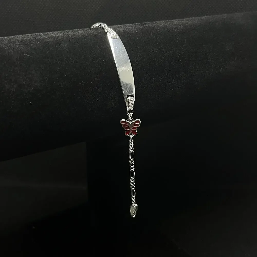 Esclava fígaro con plaquita de plata 925 con dije de mariposa - 5.5 inch